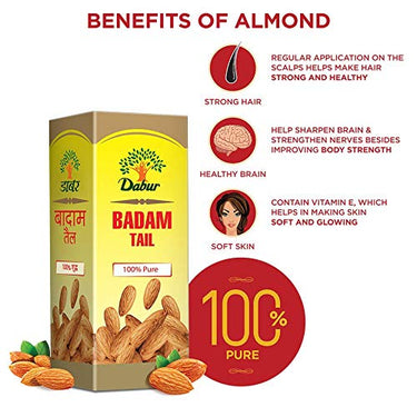 Dabur Badam Tail - 50ml | Sweet Almond Oil | Rich in Vitamin-E | For Healthy Hair & Skin | Sharpens Brain | Improves Digestion | Extracted from Almonds